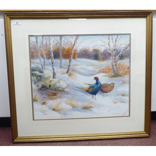 292 - Richard Robjent - pheasants and a woodcock in a winter landscape  watercolour  bears a signature, da... 