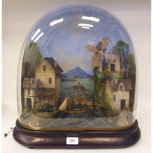 296 - A 19thC diorama automaton, featuring a rock in the sea and in the foreground a water wheel, windmill... 