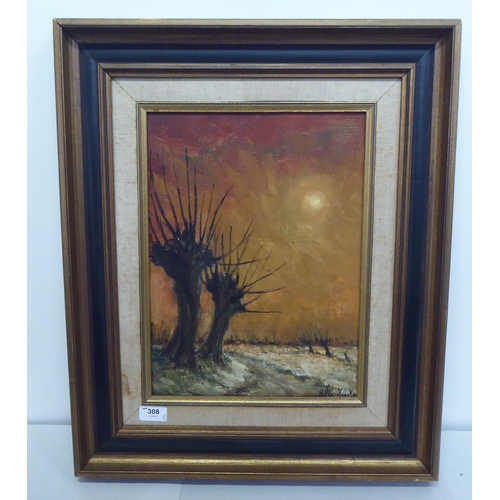 308 - A study of a winter sunset  oil on canvas  bears an indistinct signature  15