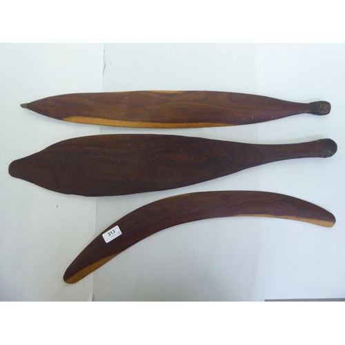 313 - Aboriginal wooden tools, viz. two Woomera spear throwers  18