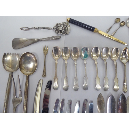 319 - Silver and white metal flatware: to include a pair of Continental serving spoons  bears indisti... 