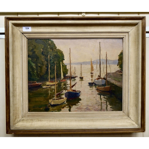 324 - Leslie Kent - boats in an estuary  oil on board  bears a signature  14