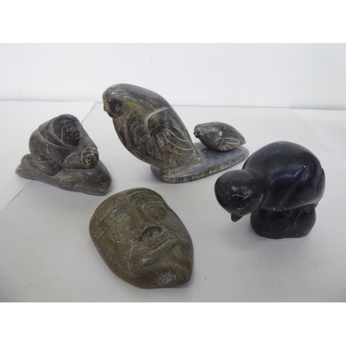 343 - Carved figures: to include a hardstone Inuit mother and child  11.5