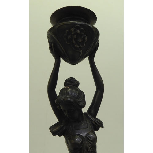 362 - An Art Nouveau pewter lamp base, fashioned as a woman holding a vase  14