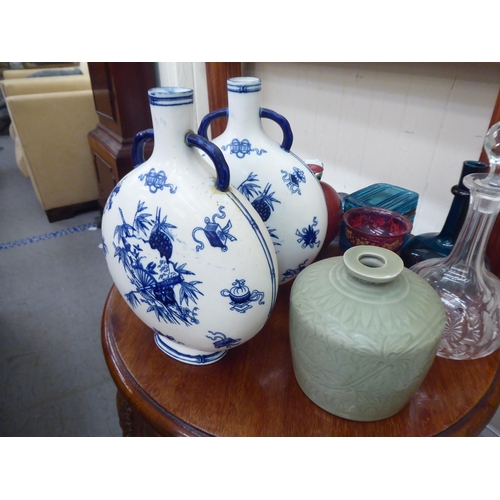 364 - Ceramics and glassware: to include a pair of early 20thC Minton's china moonflask vases, decorated i... 