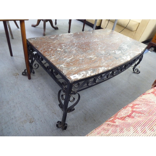 393 - A modern coffee table, the bow front, drop-in marble top within a wrought iron frame  12