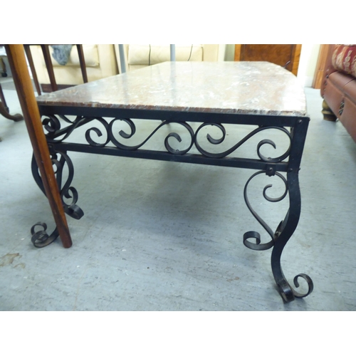 393 - A modern coffee table, the bow front, drop-in marble top within a wrought iron frame  12