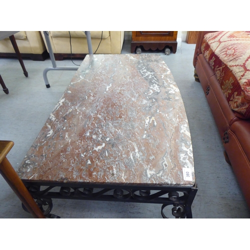 393 - A modern coffee table, the bow front, drop-in marble top within a wrought iron frame  12