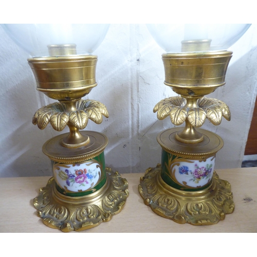 67 - A pair of modern French inspired porcelain cast gilt brass and glazed candlesticks  13.5