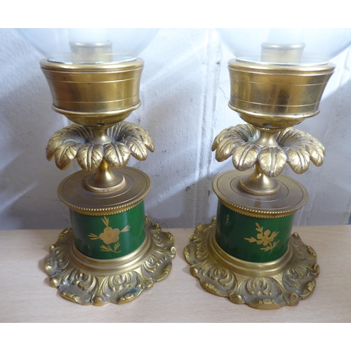 67 - A pair of modern French inspired porcelain cast gilt brass and glazed candlesticks  13.5