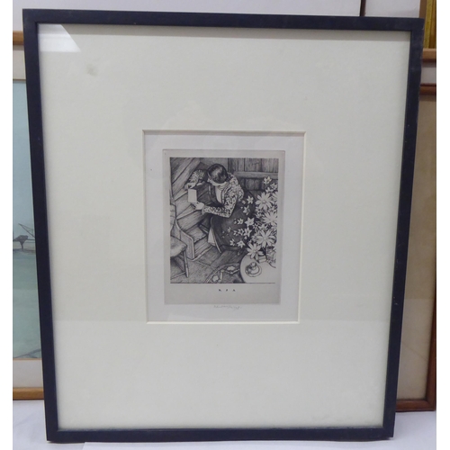 87 - Pictures and prints: to include after Paul Drurry - a figure study  monochrome print  bear... 