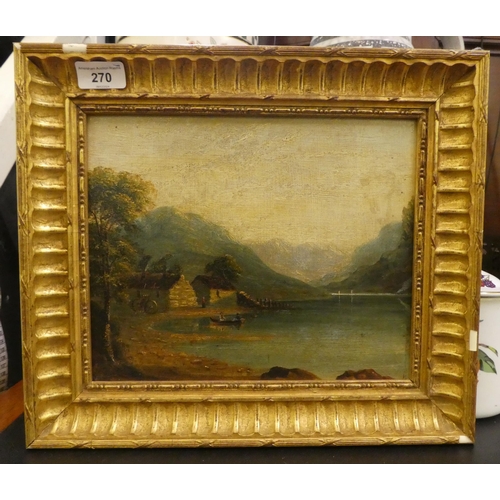 270 - Early 19thC British School - a highland loch scene with two figures in a small boat  oil on board  9... 