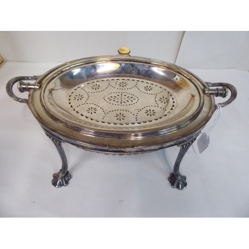 132 - A late Victorian silver plated breakfast dish with a ribbed, domed lid, on splayed legs  9