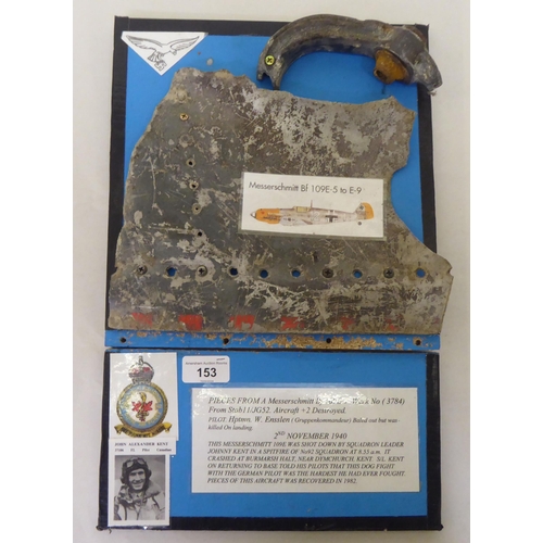 153 - Framed fragment pieces, believed to be from a circa 1940 Messerschmitt BF 109E-7 aircraft(Please Not... 