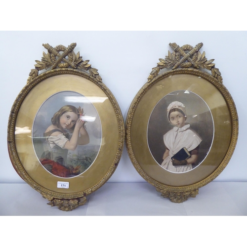 171 - A pair of late 19thC head and shoulders portraits of girls  coloured prints  11