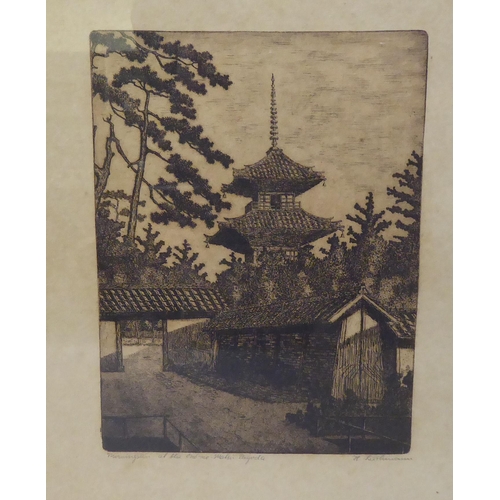 173 - After H Liverman - a pagoda in a Japanese garden  etching  bears a signature  8