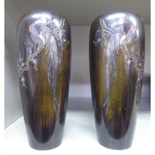 178 - A pair of early 20thC Japanese bronze vases of slender baluster form, decorated and inlaid with colo... 