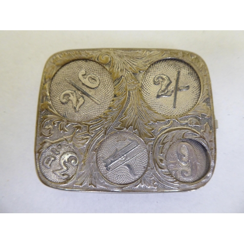 183 - A mixed lot: to include an early 20thC nickel plated coin holder; and a snuff box with a decorativel... 