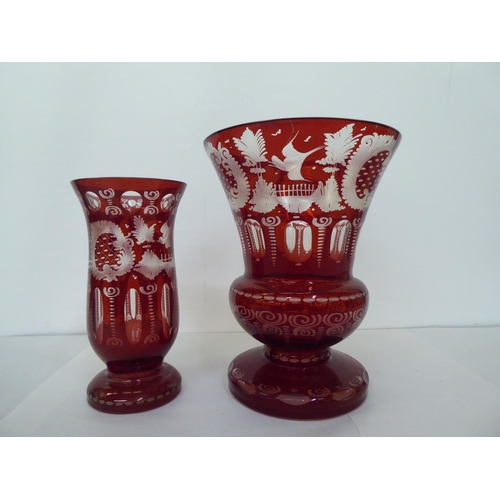 191 - Two late 19thC cranberry coloured and clear glass vases with similarly engraved ornament  11