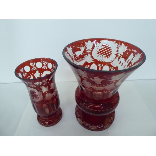 191 - Two late 19thC cranberry coloured and clear glass vases with similarly engraved ornament  11