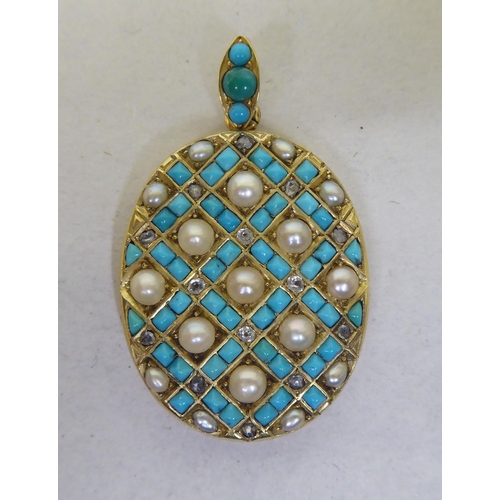 199 - A mid Victorian yellow metal, hinged locket, set with diamonds, pearls and turquoise stones 