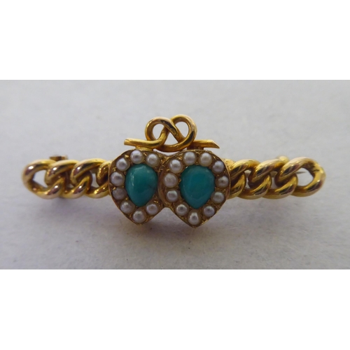 203 - A late Victorian yellow metal turquoise and pearl set, twin interlocking heart design bar brooch&nbs... 