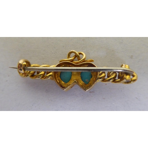 203 - A late Victorian yellow metal turquoise and pearl set, twin interlocking heart design bar brooch&nbs... 