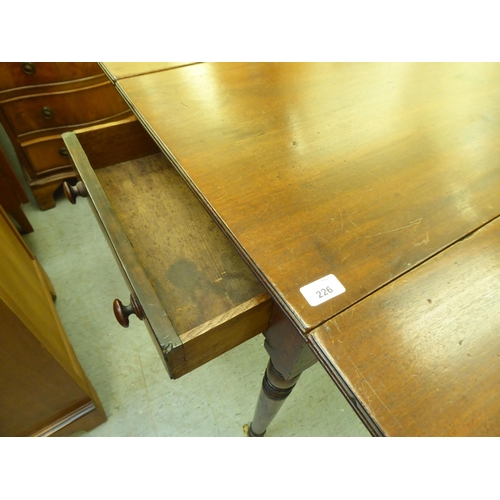 226 - A mid 19thC mahogany Pembroke table, the top with round corners, an end drawer and facsimile on the ... 