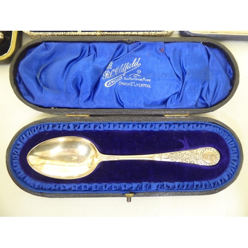 228 - Cased silver presentation spoons: to include a set of six gilded and coloured enamelled coffee spoon... 