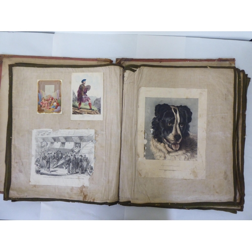 230 - A 19thC scrap album, comprising figures, cartoons and other contributions, contained in a linen back... 