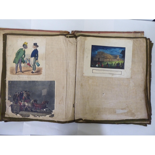 230 - A 19thC scrap album, comprising figures, cartoons and other contributions, contained in a linen back... 