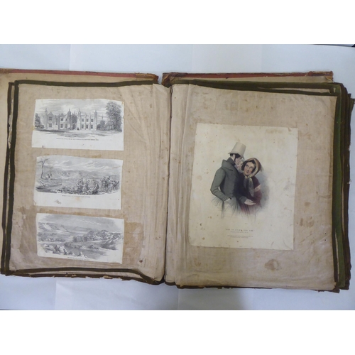 230 - A 19thC scrap album, comprising figures, cartoons and other contributions, contained in a linen back... 