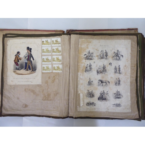 230 - A 19thC scrap album, comprising figures, cartoons and other contributions, contained in a linen back... 