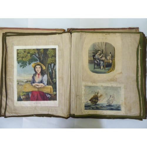 230 - A 19thC scrap album, comprising figures, cartoons and other contributions, contained in a linen back... 