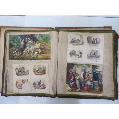 230 - A 19thC scrap album, comprising figures, cartoons and other contributions, contained in a linen back... 