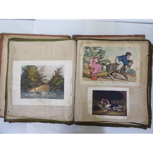 230 - A 19thC scrap album, comprising figures, cartoons and other contributions, contained in a linen back... 