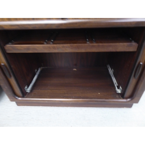 236 - A mid 20thC, possibly Dyrlund, rosewood finished media cabinet, comprising an arrangement of retract... 