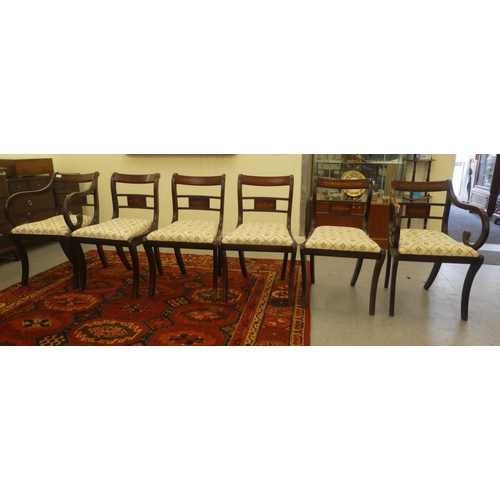 241 - A set of six Regency reproduction brass inlaid mahogany dining chairs, the fabric covered drop-in se... 