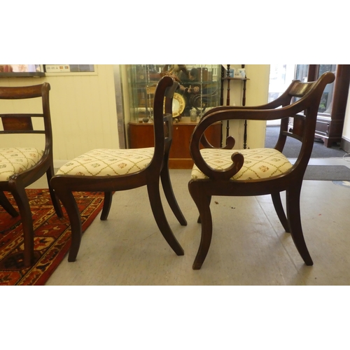 241 - A set of six Regency reproduction brass inlaid mahogany dining chairs, the fabric covered drop-in se... 