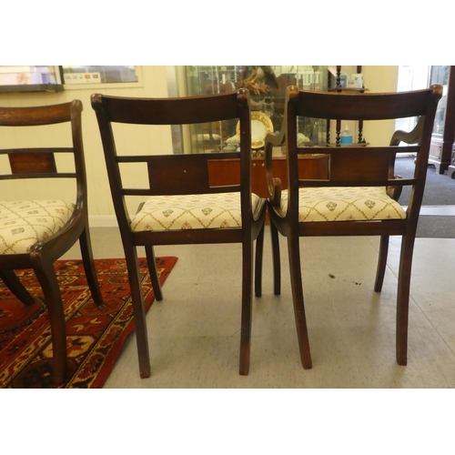 241 - A set of six Regency reproduction brass inlaid mahogany dining chairs, the fabric covered drop-in se... 