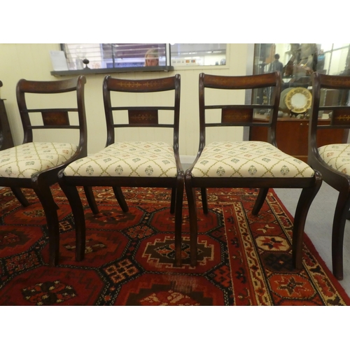 241 - A set of six Regency reproduction brass inlaid mahogany dining chairs, the fabric covered drop-in se... 