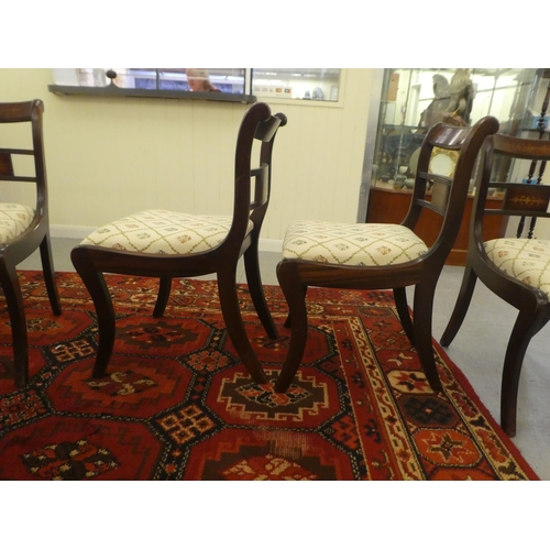 241 - A set of six Regency reproduction brass inlaid mahogany dining chairs, the fabric covered drop-in se... 