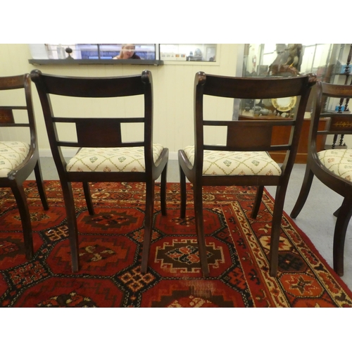 241 - A set of six Regency reproduction brass inlaid mahogany dining chairs, the fabric covered drop-in se... 