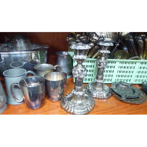 244 - Silver plated and other metal tableware: to include a pair of late Victorian telescopic candlesticks... 