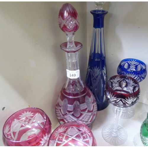 249 - Glassware: to include a Bohemian blue and clear conical decanter and stopper  17