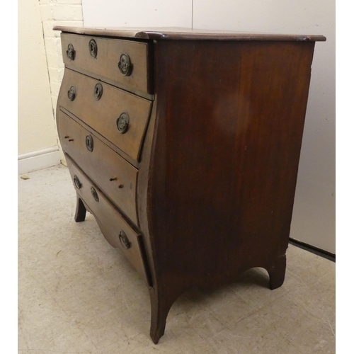 251 - A late 19thC Continental oak, four drawer, bombe front chest, raised on splayed forelegs  31