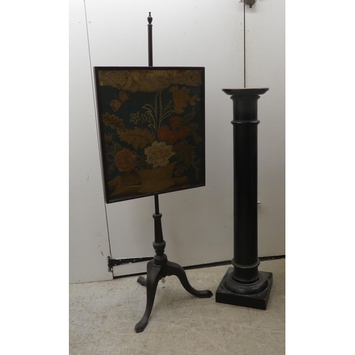 286 - A mid 19thC embroidered polescreen, the square panel on a mahogany column, raised on a tripod base&n... 