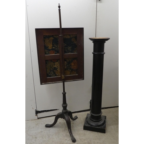 286 - A mid 19thC embroidered polescreen, the square panel on a mahogany column, raised on a tripod base&n... 