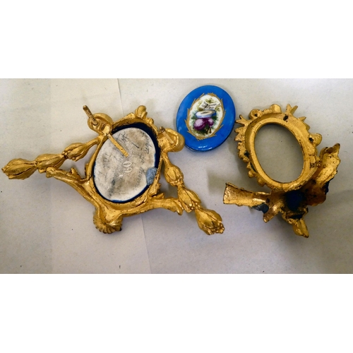 293 - Two late 19thC French gilt metal furniture/clock mounts, set with hand painted porcelain tiles 