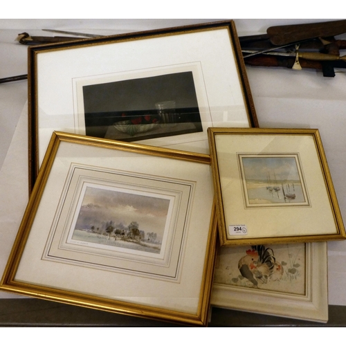 294 - Four framed pictures and prints: to include Peggy Bord - 'Hampshire Coast'  watercolour  bears initi... 